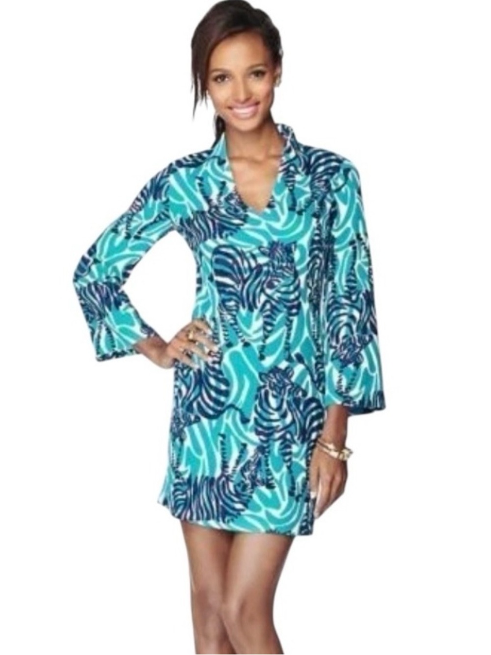 Lilly Pulitzer Blue Zebra Print V-Neck Shift Mini Dress 2 Animal Lover Comfy
